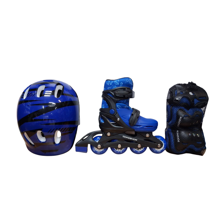 Paquete mochila ajustable, patines, casco y protecciones de codos, manos y rodillas, Marca Roadshow